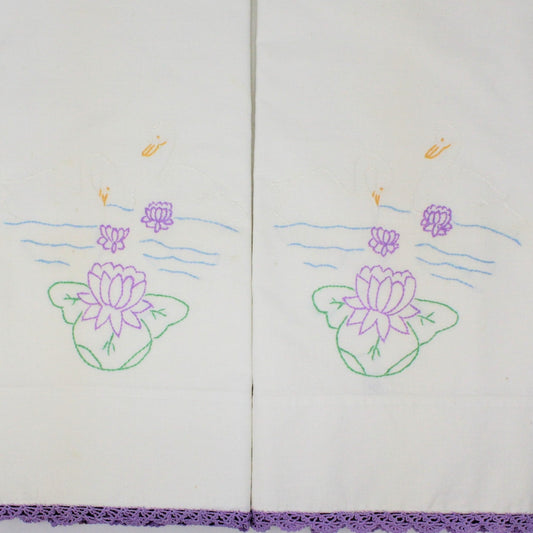 Pillow Cases, Hand Embroidered Swans with Crochet Border, Set of 2, Vintage