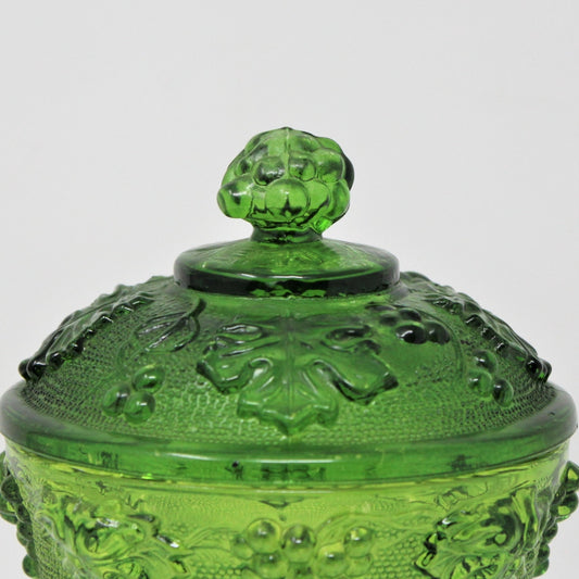 Bon Bon / Candy Dish with Lid, Jeannette Glass, Grapes & Vines 3525, Green Footed Bowl, Vintage, SOLD