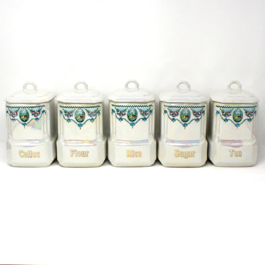 Canister Set, Mepoco Ware, Blue and White Lusterware, Floral Pattern, Set of 6, (12 Pcs), Antique Germany