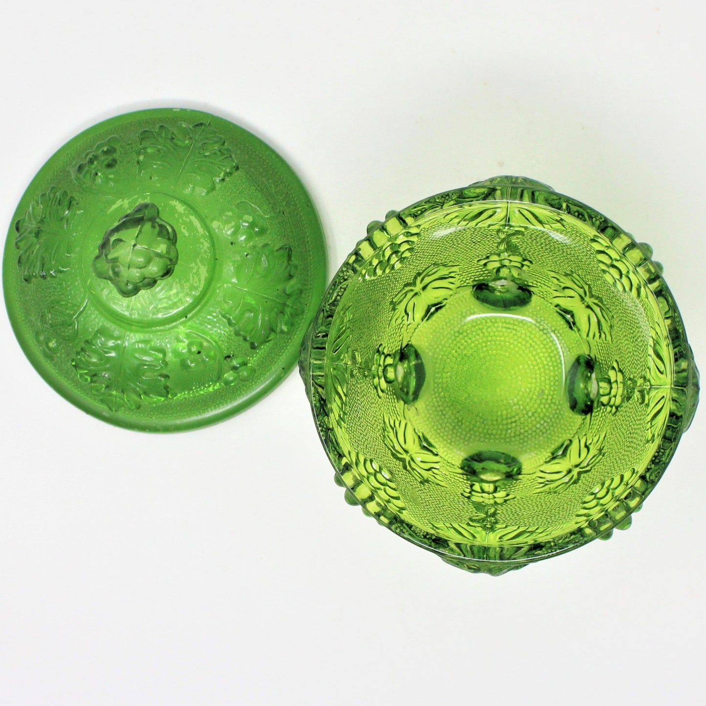 Bon Bon / Candy Dish with Lid, Jeannette Glass, Grapes & Vines 3525, Green Footed Bowl, Vintage, SOLD