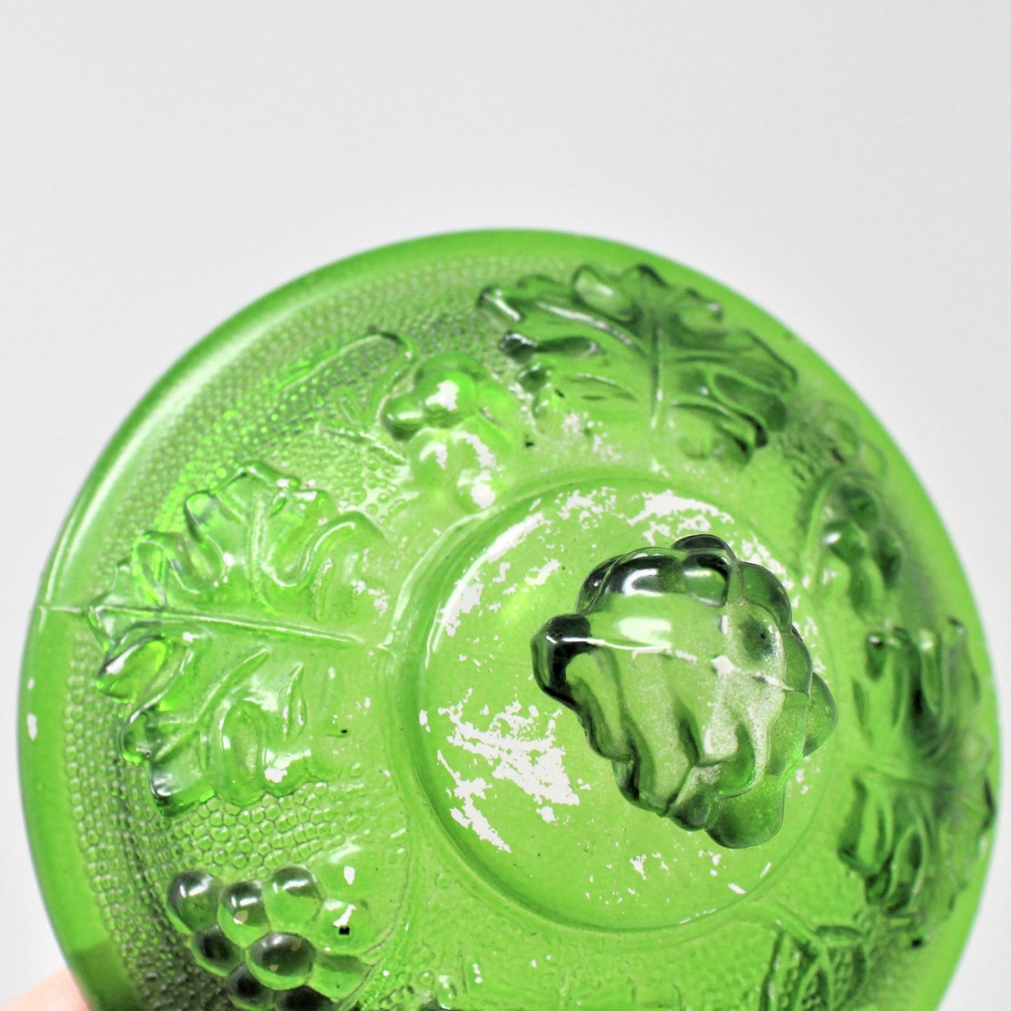 Bon Bon / Candy Dish with Lid, Jeannette Glass, Grapes & Vines 3525, Green Footed Bowl, Vintage, SOLD