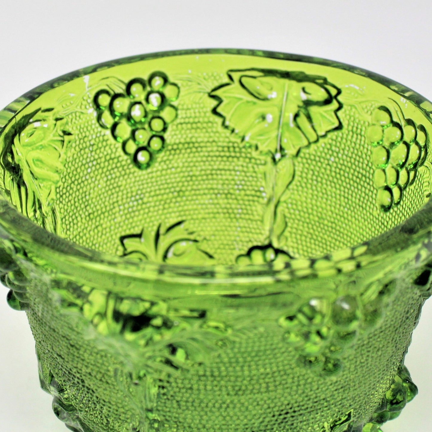 Bon Bon / Candy Dish with Lid, Jeannette Glass, Grapes & Vines 3525, Green Footed Bowl, Vintage, SOLD