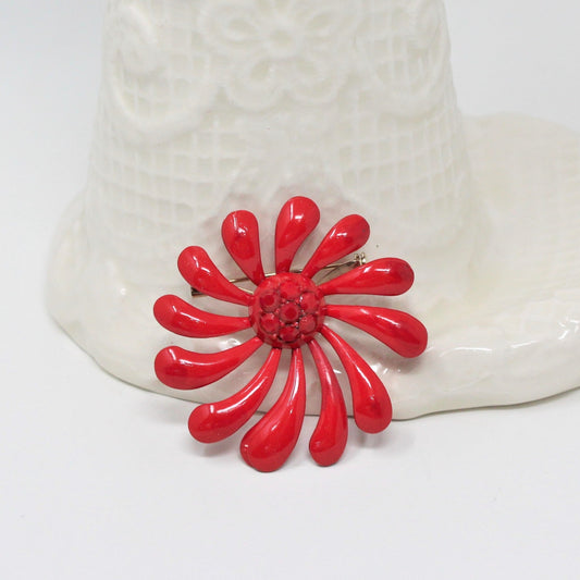 Brooch / Pin, Red Enamel Flower Pinwheel, Enamel & Rhinestones, Vintage