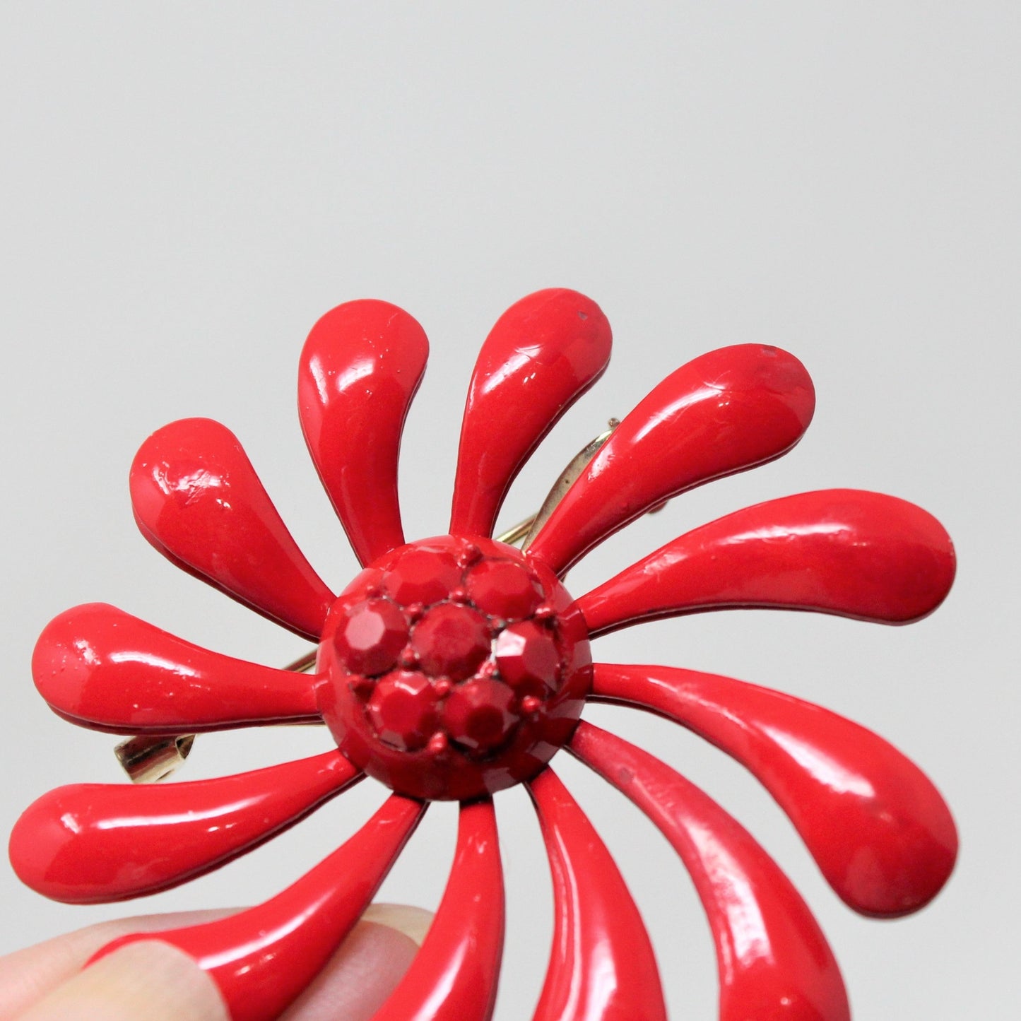 Brooch / Pin, Red Enamel Flower Pinwheel, Enamel & Rhinestones, Vintage