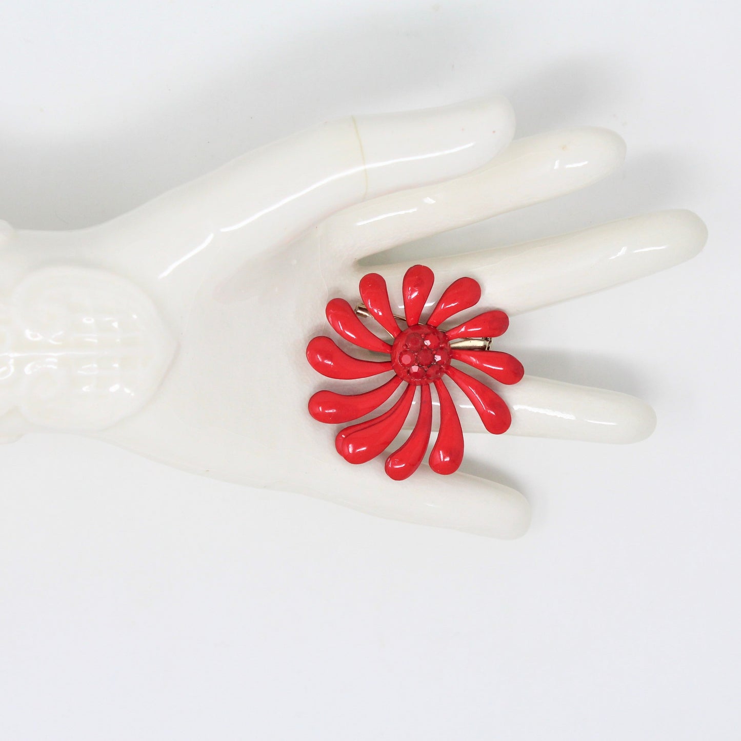 Brooch / Pin, Red Enamel Flower Pinwheel, Enamel & Rhinestones, Vintage