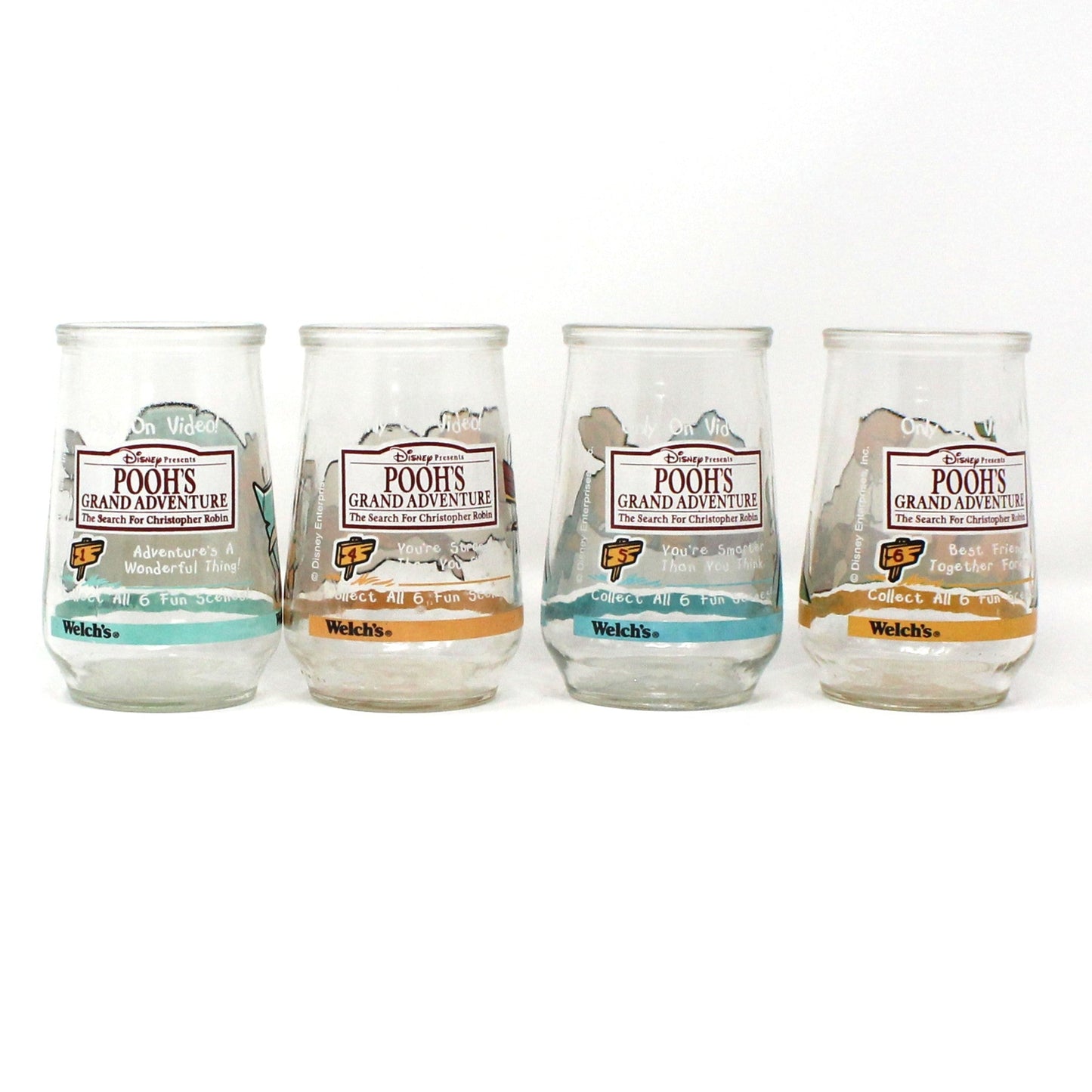 Juice Glasses, Welch's Jelly Jar Glasses, Disney Winnie the Pooh Set of 4, Grand Adventure, Vintage