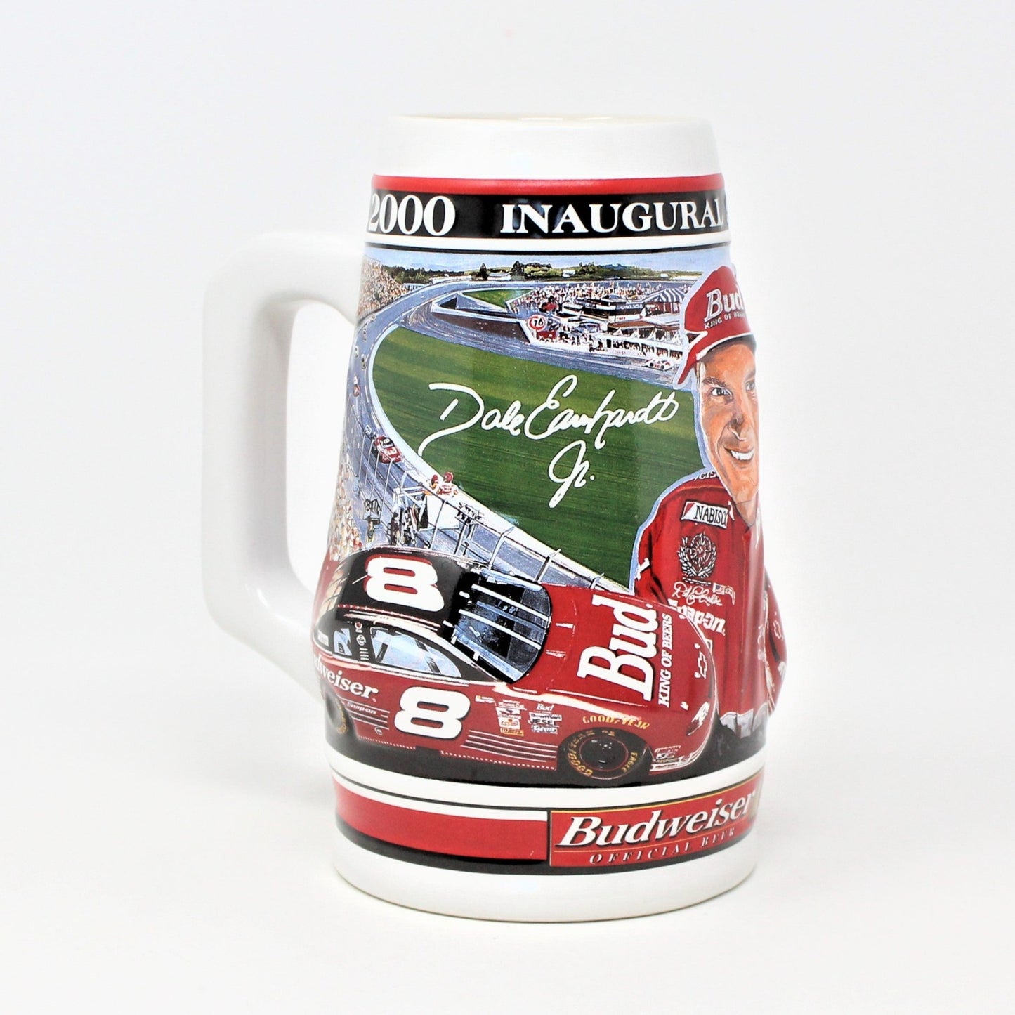 A ceramic beer mug with multicolored graphics featuring Dale Earnhardt Jr. and the number 8, promoting the 2000 Inaugural Nascar Season for Budweiser.