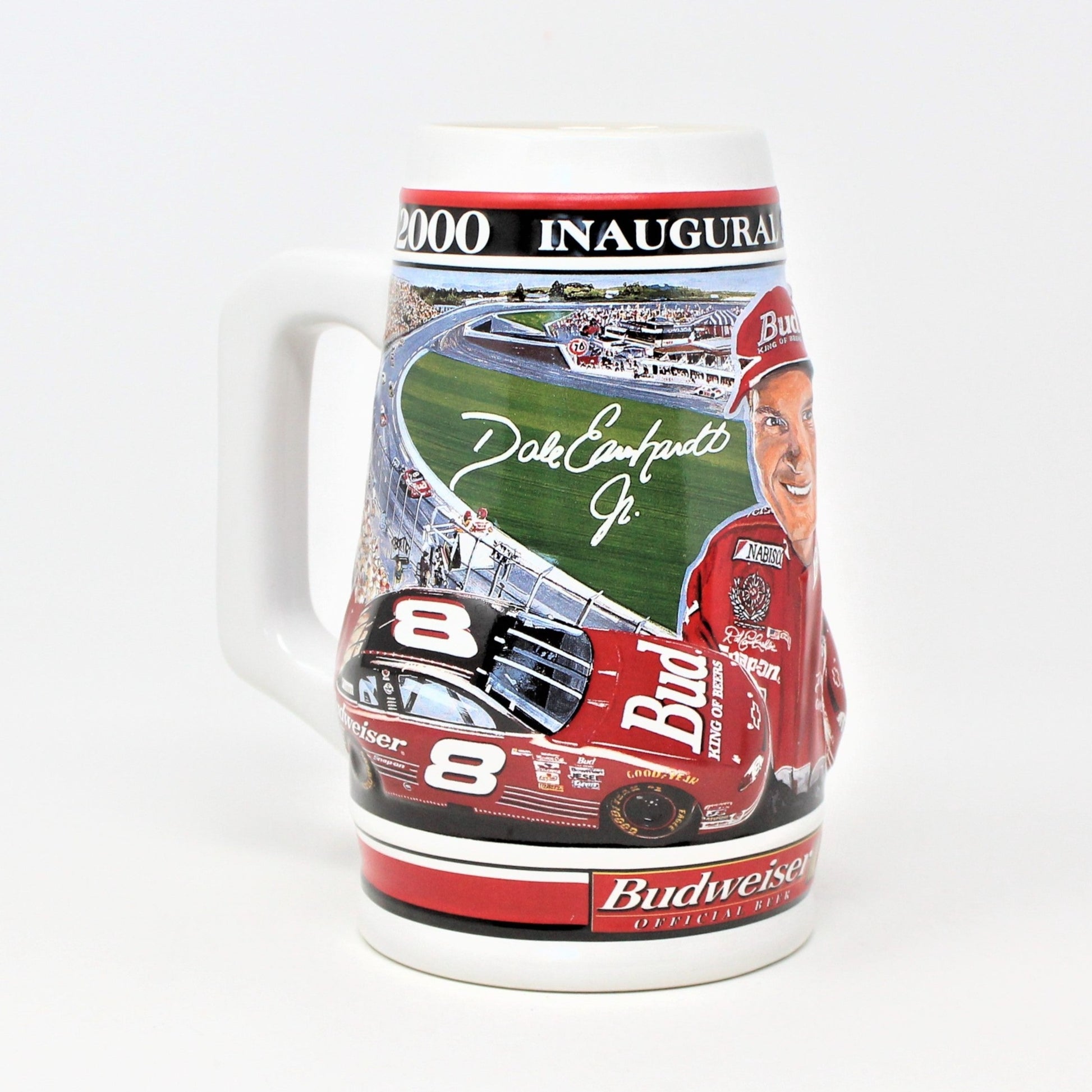 A ceramic beer mug with multicolored graphics featuring Dale Earnhardt Jr. and the number 8, promoting the 2000 Inaugural Nascar Season for Budweiser.