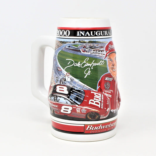 A ceramic beer mug with multicolored graphics featuring Dale Earnhardt Jr. and the number 8, promoting the 2000 Inaugural Nascar Season for Budweiser.