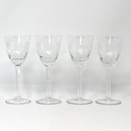Glasses, Cocktail / Sherry / Liqueur Glasses, Blown Glass, Etched Florals & Leaves, Set of 4, Toscany, Vintage Romania