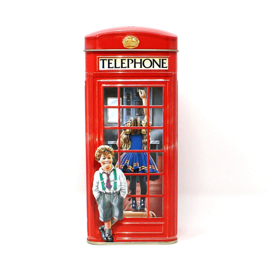 Coin Bank, Churchill’s, English Telephone Booth, Kids in Phone Booth Collectible Tin, Vintage England