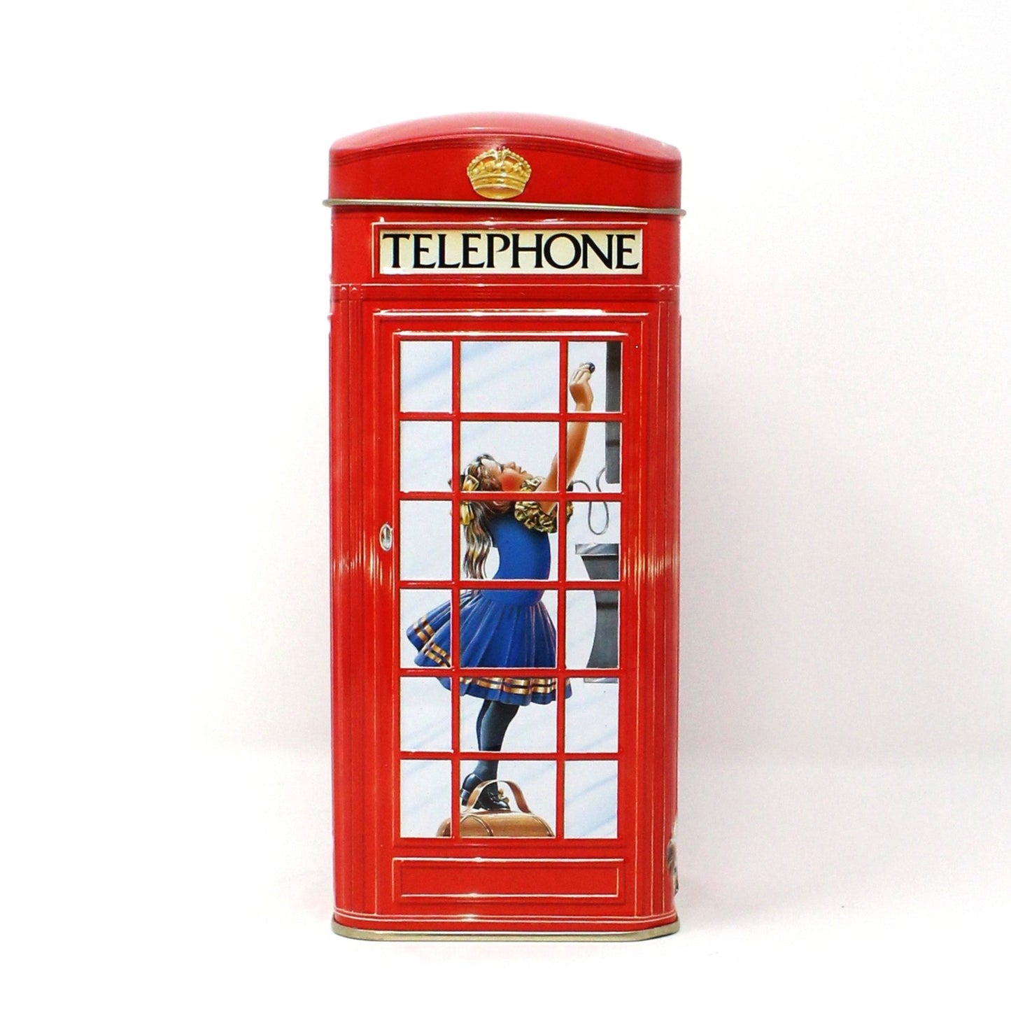 Coin Bank, Churchill’s, English Telephone Booth, Kids in Phone Booth Collectible Tin, Vintage England
