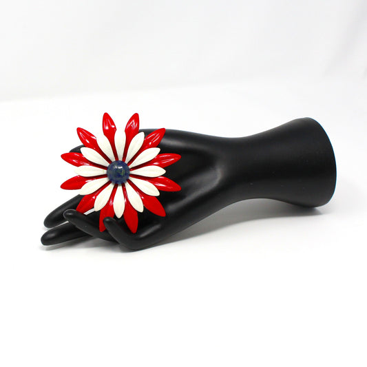 Brooch / Pin, Red, White and Blue Enamel Flower Pin, Double Petals, Vintage