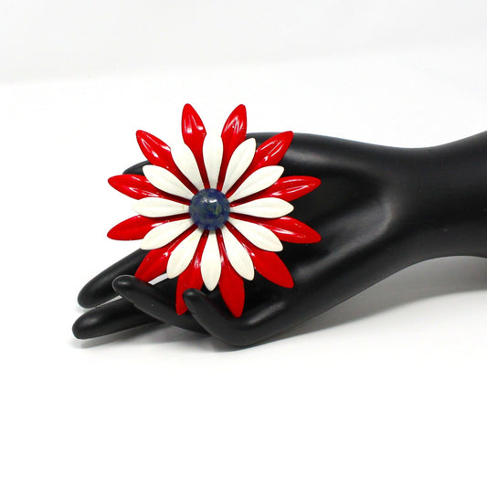 Brooch / Pin, Red, White and Blue Enamel Flower Pin, Double Petals, Vintage