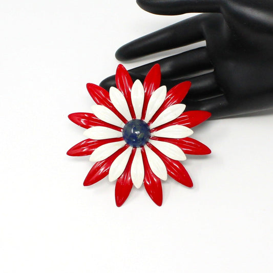 Brooch / Pin, Red, White and Blue Enamel Flower Pin, Double Petals, Vintage