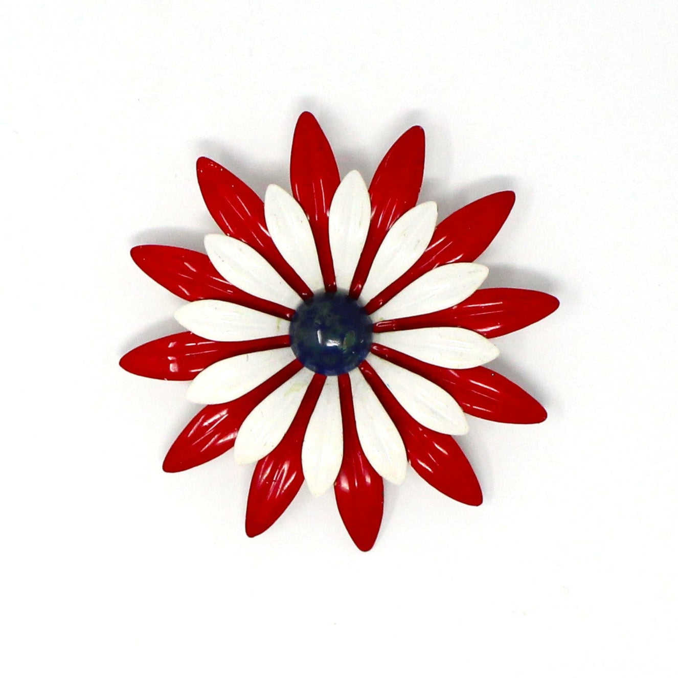Brooch / Pin, Red, White and Blue Enamel Flower Pin, Double Petals, Vintage