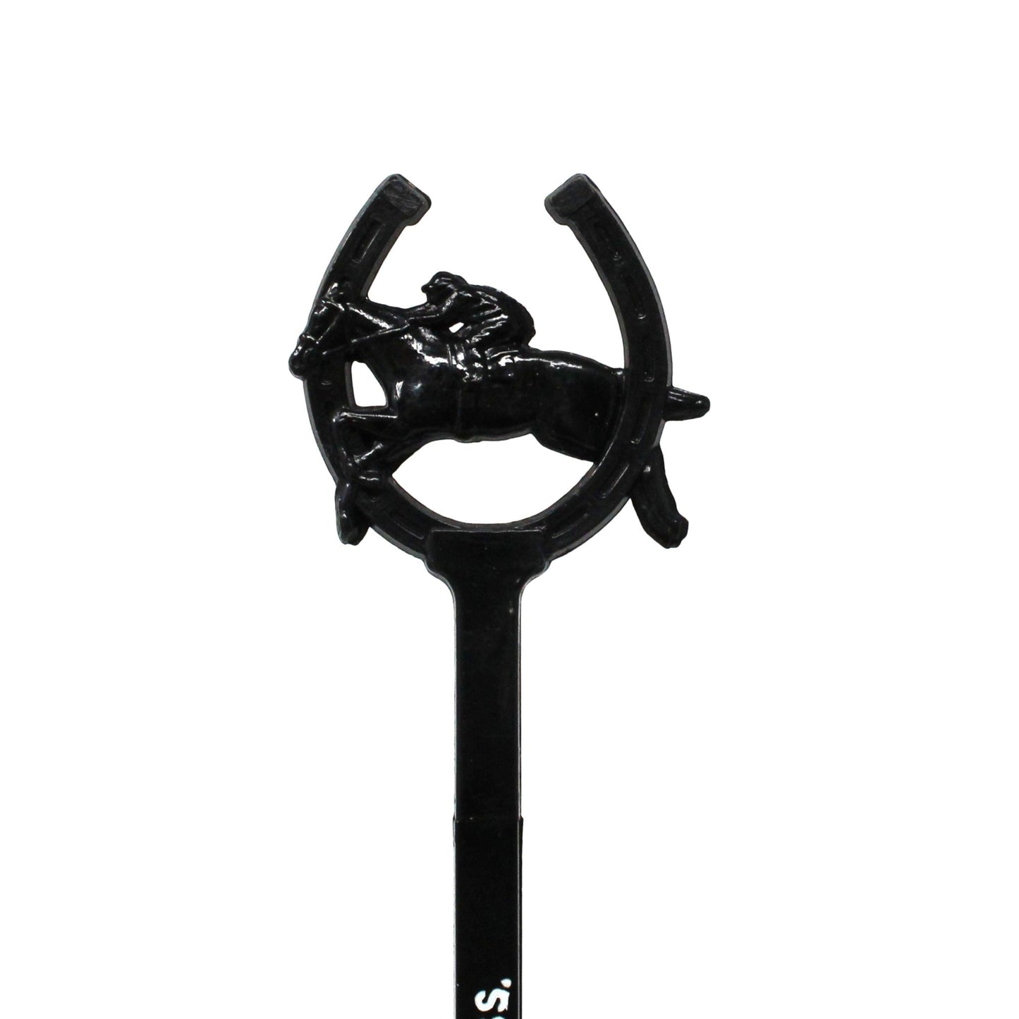 A black plastic swizzle stick with a horse and horseshoe design, likely made in the 1960s.