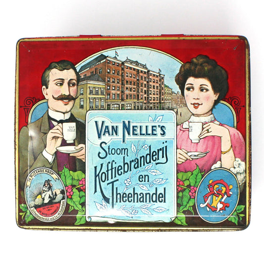 Tins, Coffee / Tea Storage Box, Van Nelle's Koffie Thee, Old World Dutch Images, Empty, Vintage