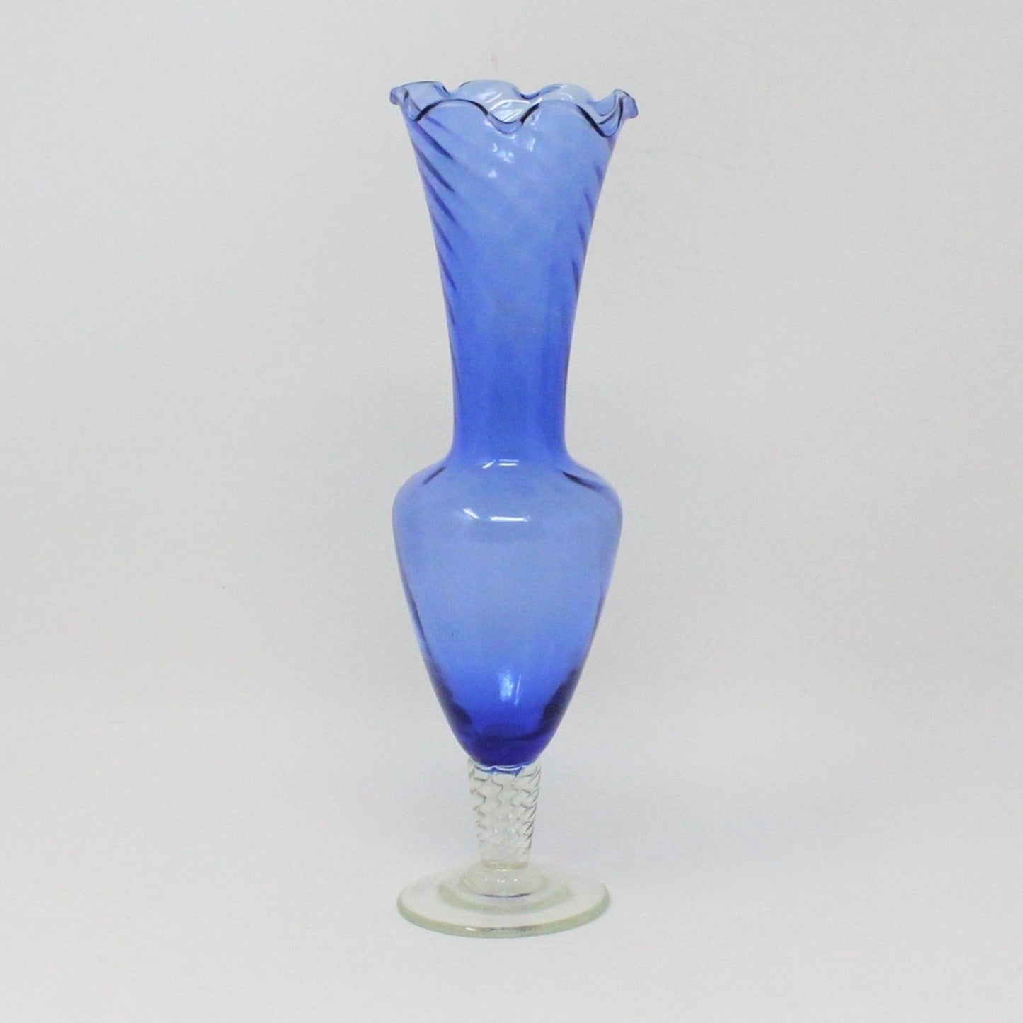 Vintage Murano Glass Bud Vase.  Blue and White Glass Ruffled Rim, Twisted Clear Foot with Sand Particles.  Collectible Art Glass