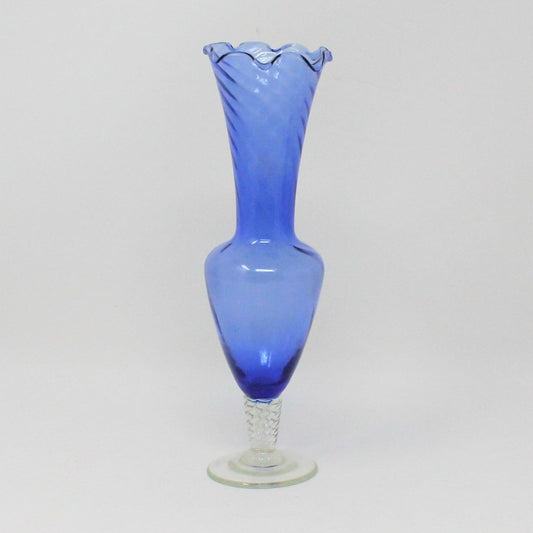Vintage Murano Glass Bud Vase.  Blue and White Glass Ruffled Rim, Twisted Clear Foot with Sand Particles.  Collectible Art Glass