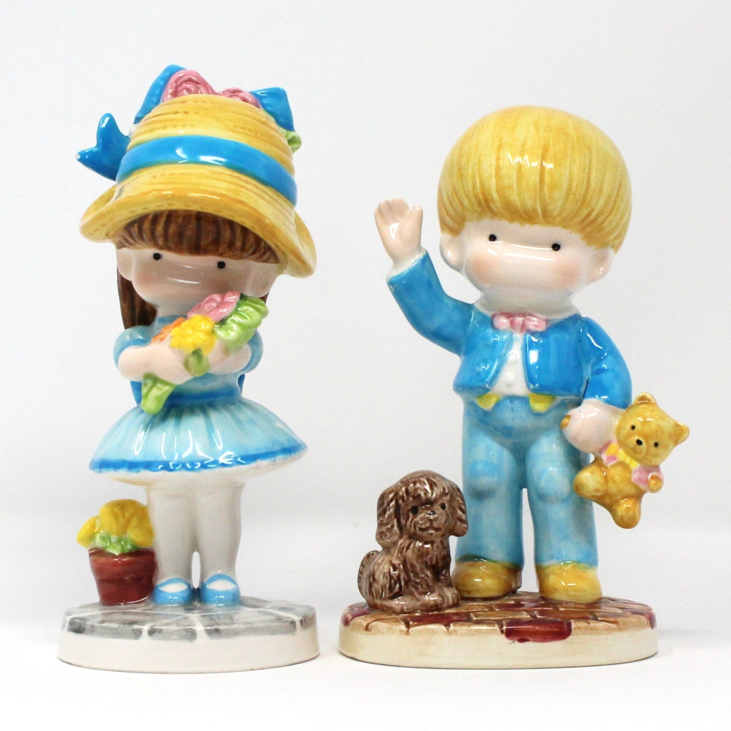 Figurines, Joan Walsh Anglund, Boy and Girl, 1981, Set of 2, Flower Girl, Teddy Bear Boy, Vintage