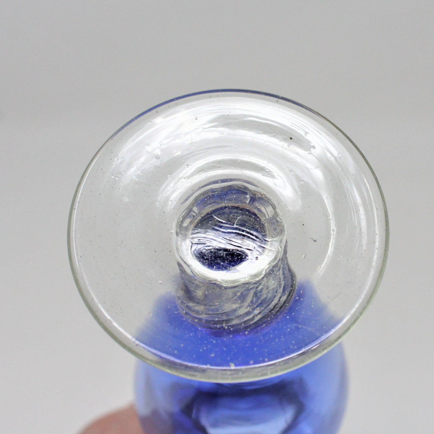 Bud Vase, Hand Blown Blue Glass, Ruffled Rim Art Glass Vase & Twisted Clear Foot, Vintage