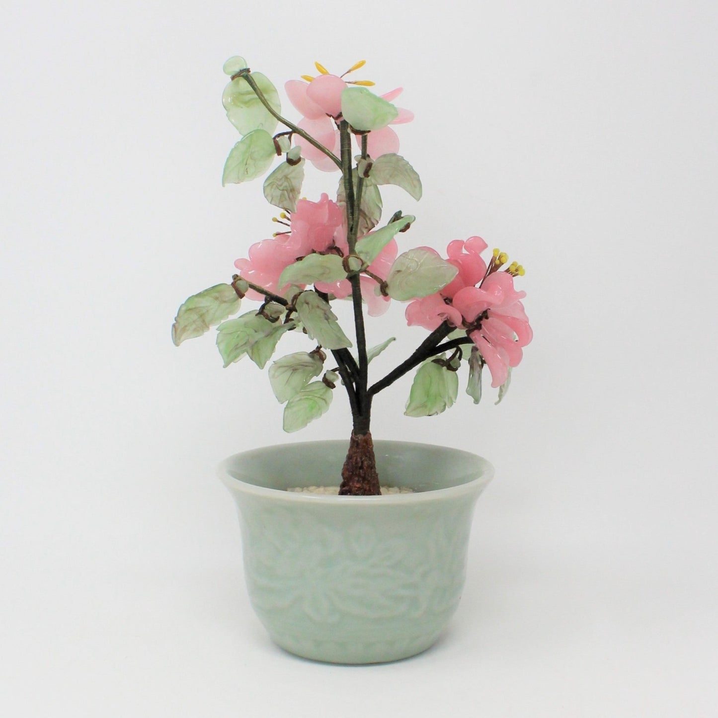 Sculpture, Jade Glass Bonsai Tree in Celadon Planter, Pink Floral / Green, Vintage