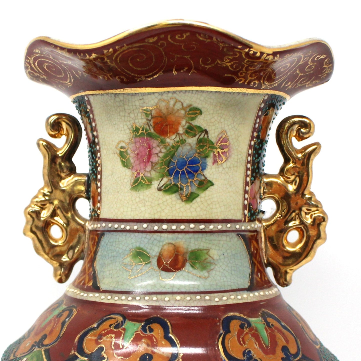 Vase, Royal Satsuma, Japanese Women Geishas, Double Elephant Handles, Hand Painted, Moriage, Vintage
