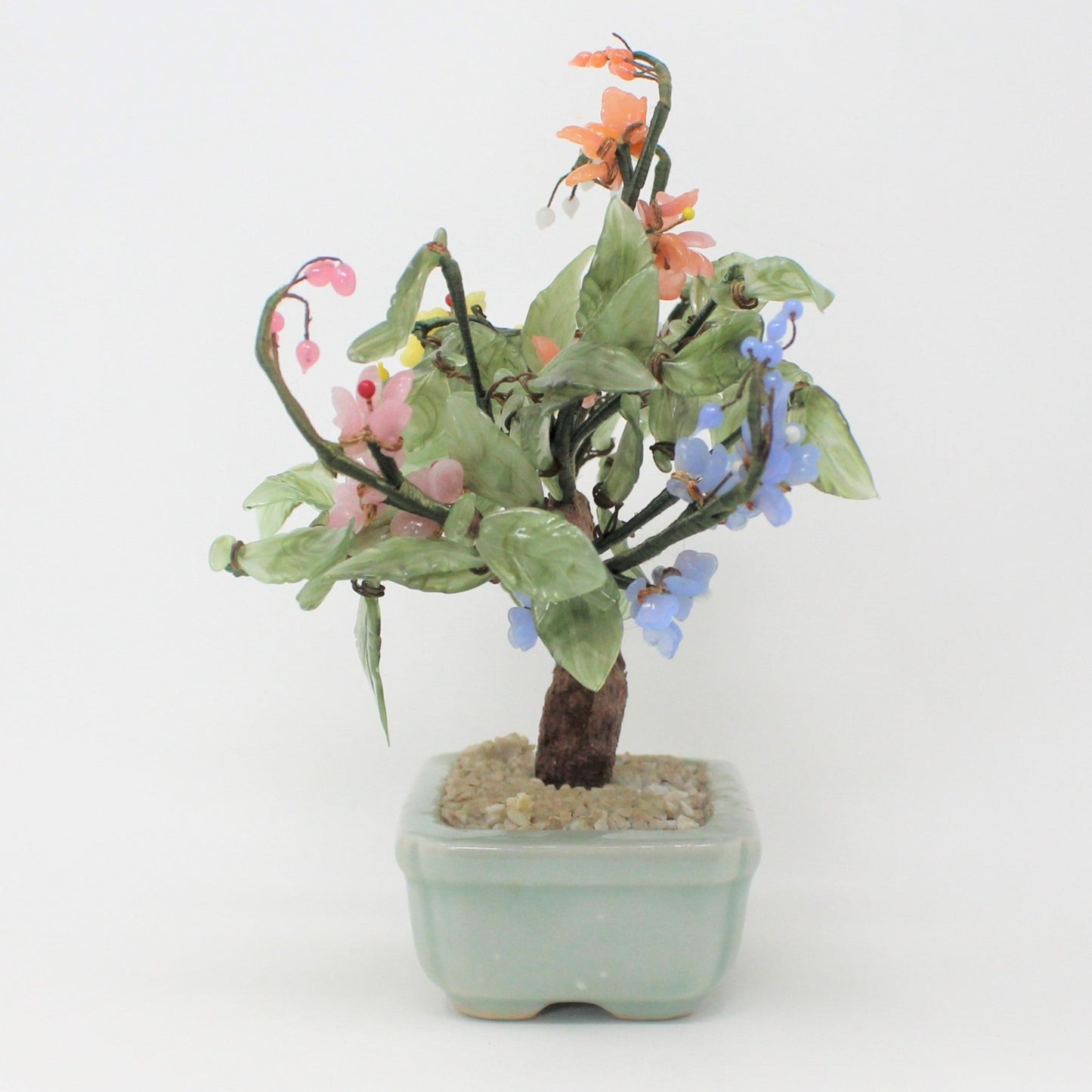 Sculpture, Jade Glass Bonsai Tree in Celadon Planter, Multicolor Floral, Vintage