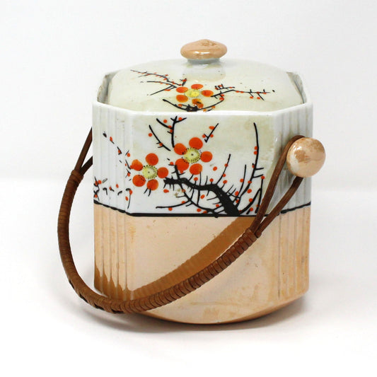 Tea Caddy, Gold Castle, Bamboo Handle, Lusterware, Hand Painted Chinoiserie, Vintage