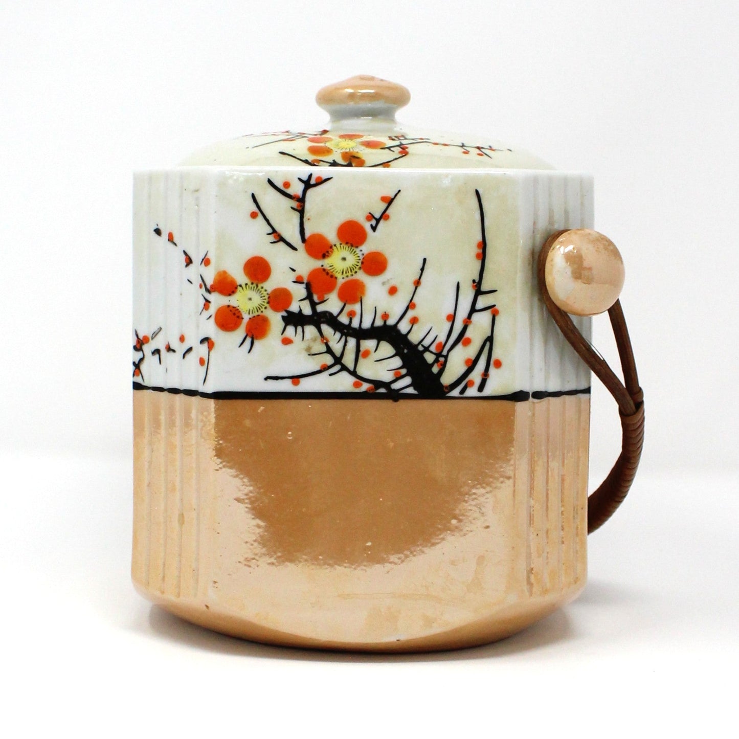 Tea Caddy, Gold Castle, Bamboo Handle, Lusterware, Hand Painted Chinoiserie, Vintage