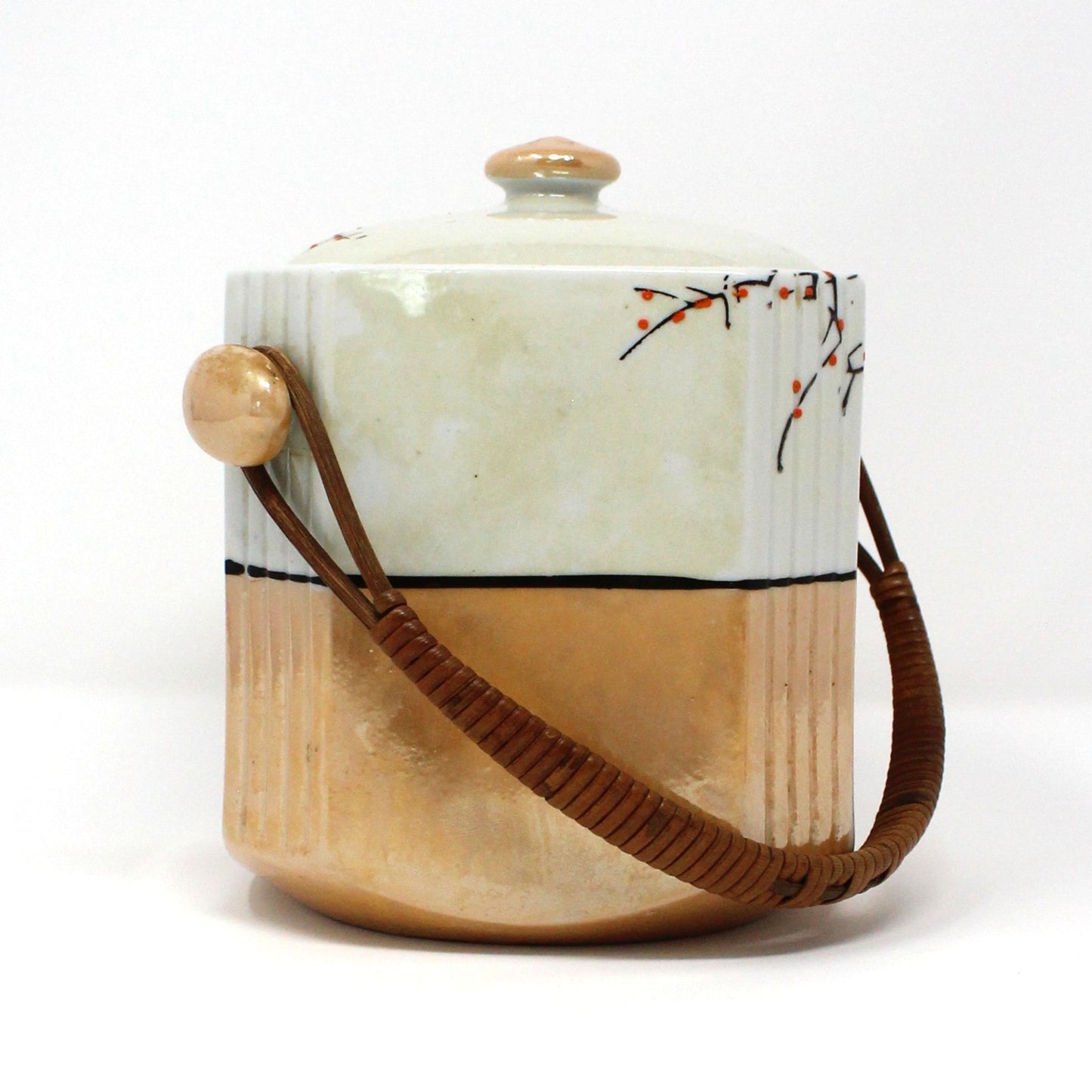 Tea Caddy, Gold Castle, Bamboo Handle, Lusterware, Hand Painted Chinoiserie, Vintage