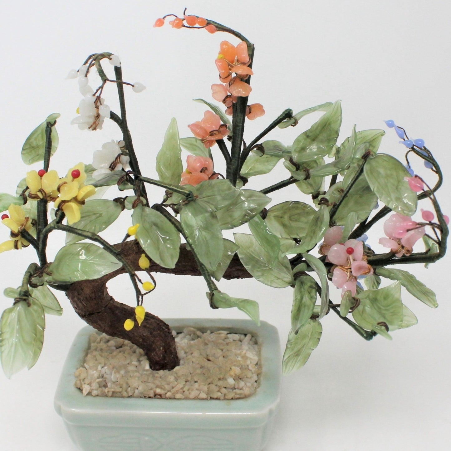 Sculpture, Jade Glass Bonsai Tree in Celadon Planter, Multicolor Floral, Vintage