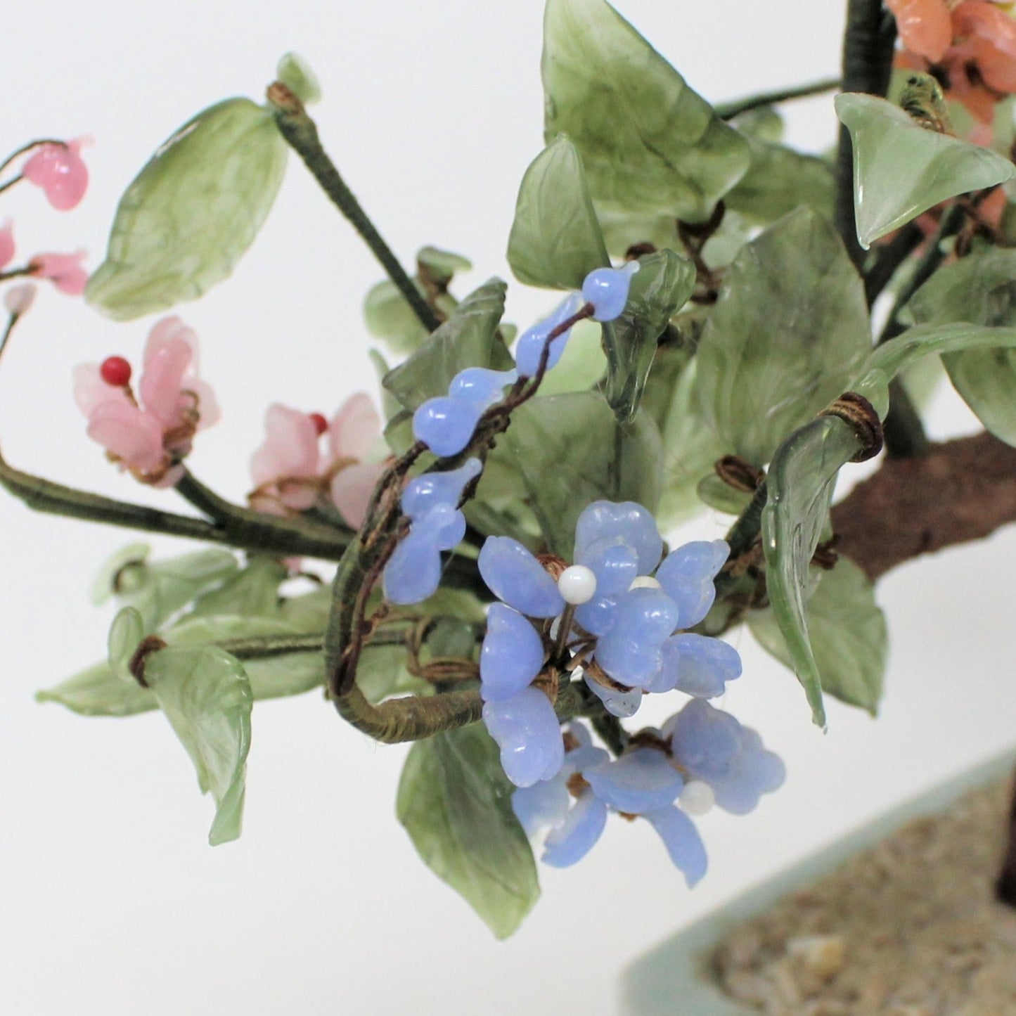 Sculpture, Jade Glass Bonsai Tree in Celadon Planter, Multicolor Floral, Vintage