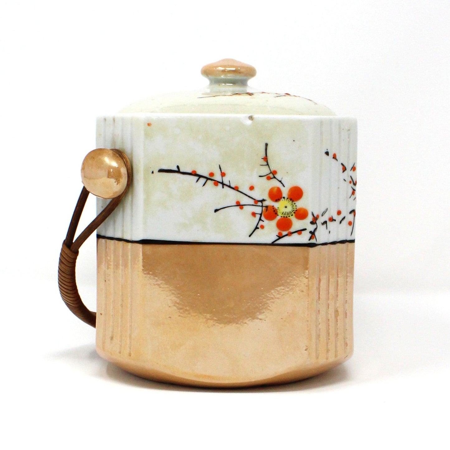 Tea Caddy, Gold Castle, Bamboo Handle, Lusterware, Hand Painted Chinoiserie, Vintage