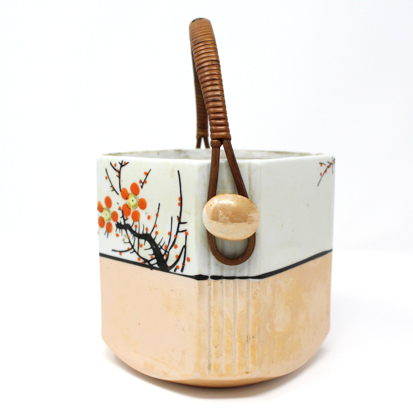 Tea Caddy, Gold Castle, Bamboo Handle, Lusterware, Hand Painted Chinoiserie, Vintage