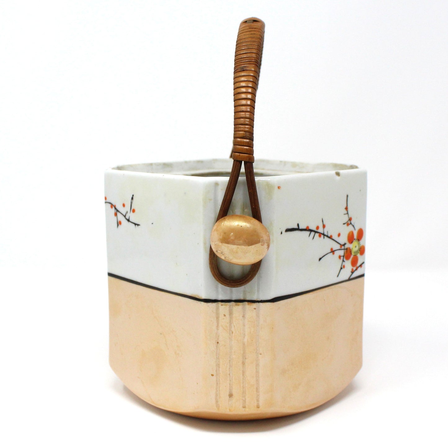 Tea Caddy, Gold Castle, Bamboo Handle, Lusterware, Hand Painted Chinoiserie, Vintage
