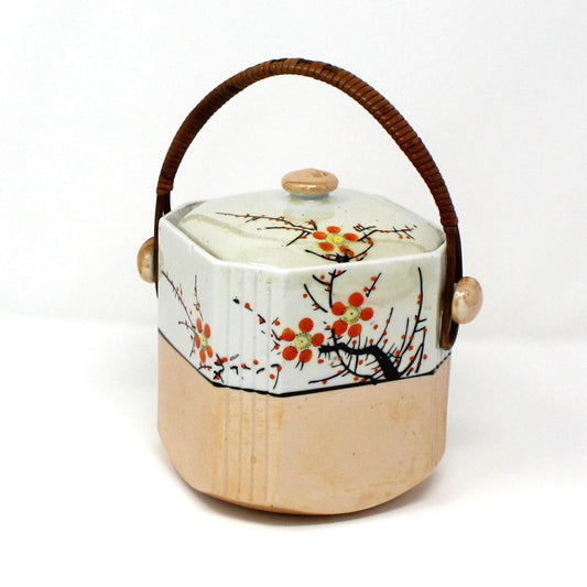 Tea Caddy, Gold Castle, Bamboo Handle, Lusterware, Hand Painted Chinoiserie, Vintage