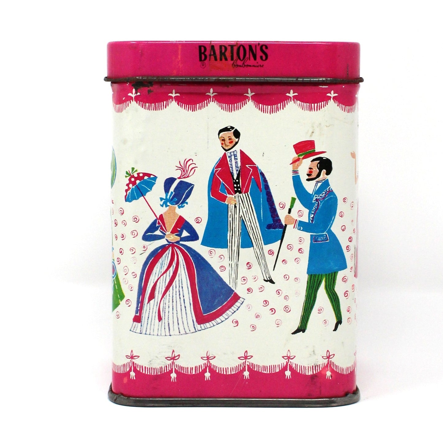 Tin, Gift Tin / Storage Box, Barton's Bonbonniere, Ladies & Gentlemen Dancing, Pink & White, Empty, Vintage
