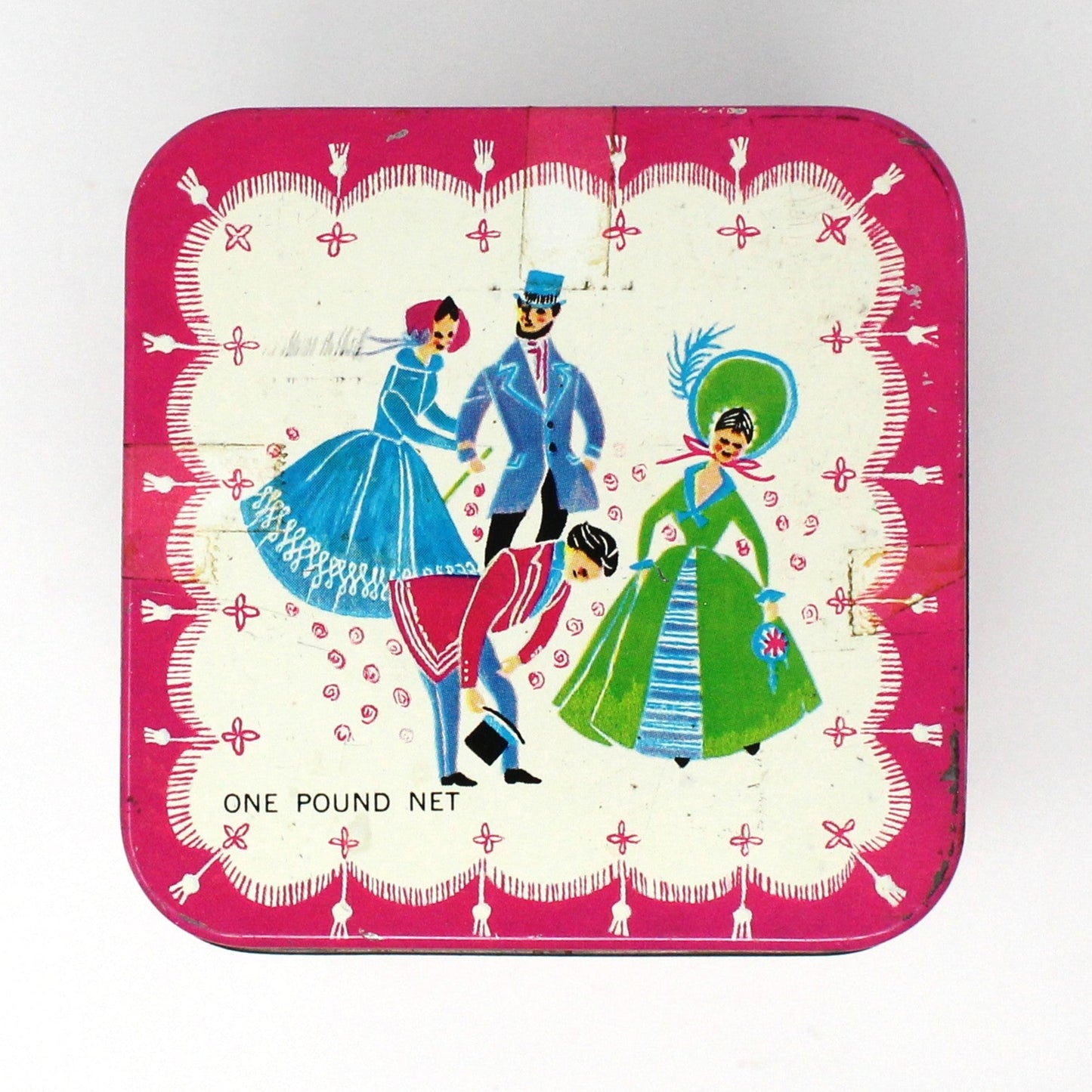 Tin, Gift Tin / Storage Box, Barton's Bonbonniere, Ladies & Gentlemen Dancing, Pink & White, Empty, Vintage
