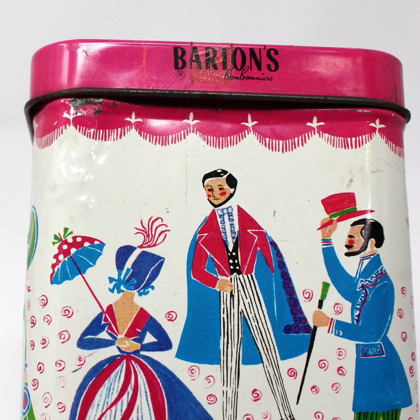 Tin, Gift Tin / Storage Box, Barton's Bonbonniere, Ladies & Gentlemen Dancing, Pink & White, Empty, Vintage