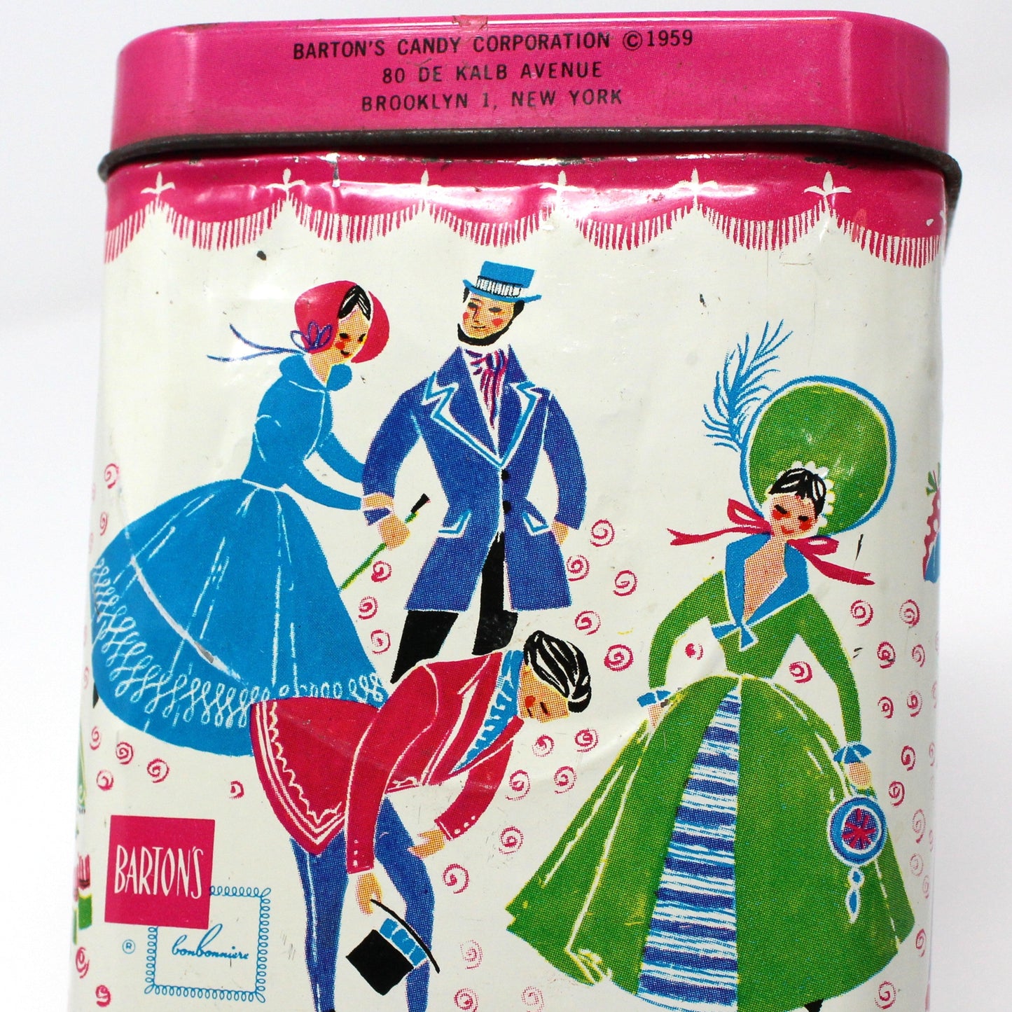Tin, Gift Tin / Storage Box, Barton's Bonbonniere, Ladies & Gentlemen Dancing, Pink & White, Empty, Vintage