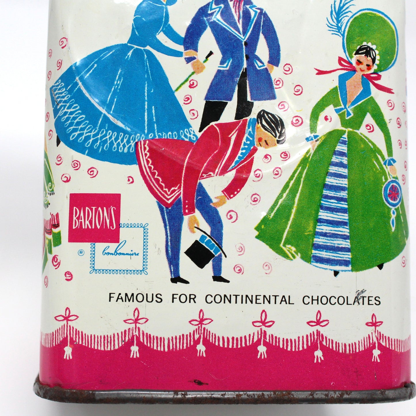 Tin, Gift Tin / Storage Box, Barton's Bonbonniere, Ladies & Gentlemen Dancing, Pink & White, Empty, Vintage