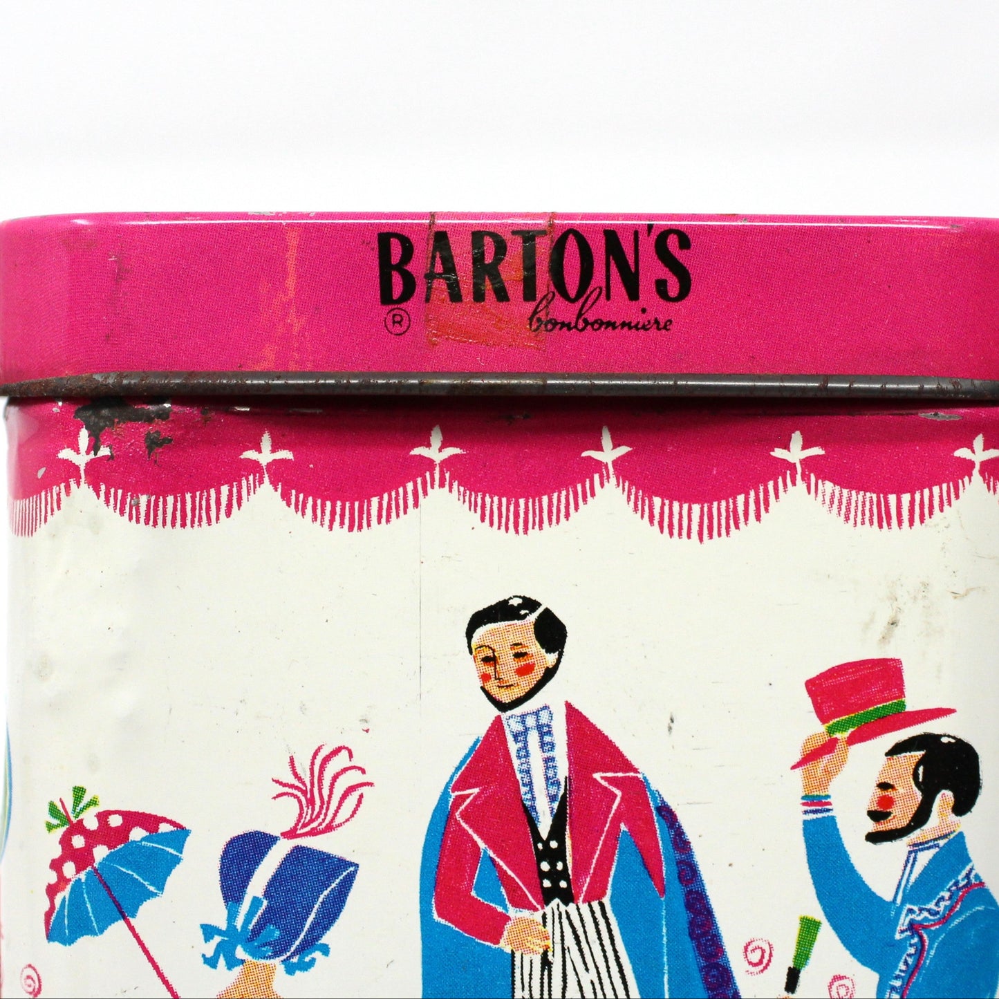 Tin, Gift Tin / Storage Box, Barton's Bonbonniere, Ladies & Gentlemen Dancing, Pink & White, Empty, Vintage