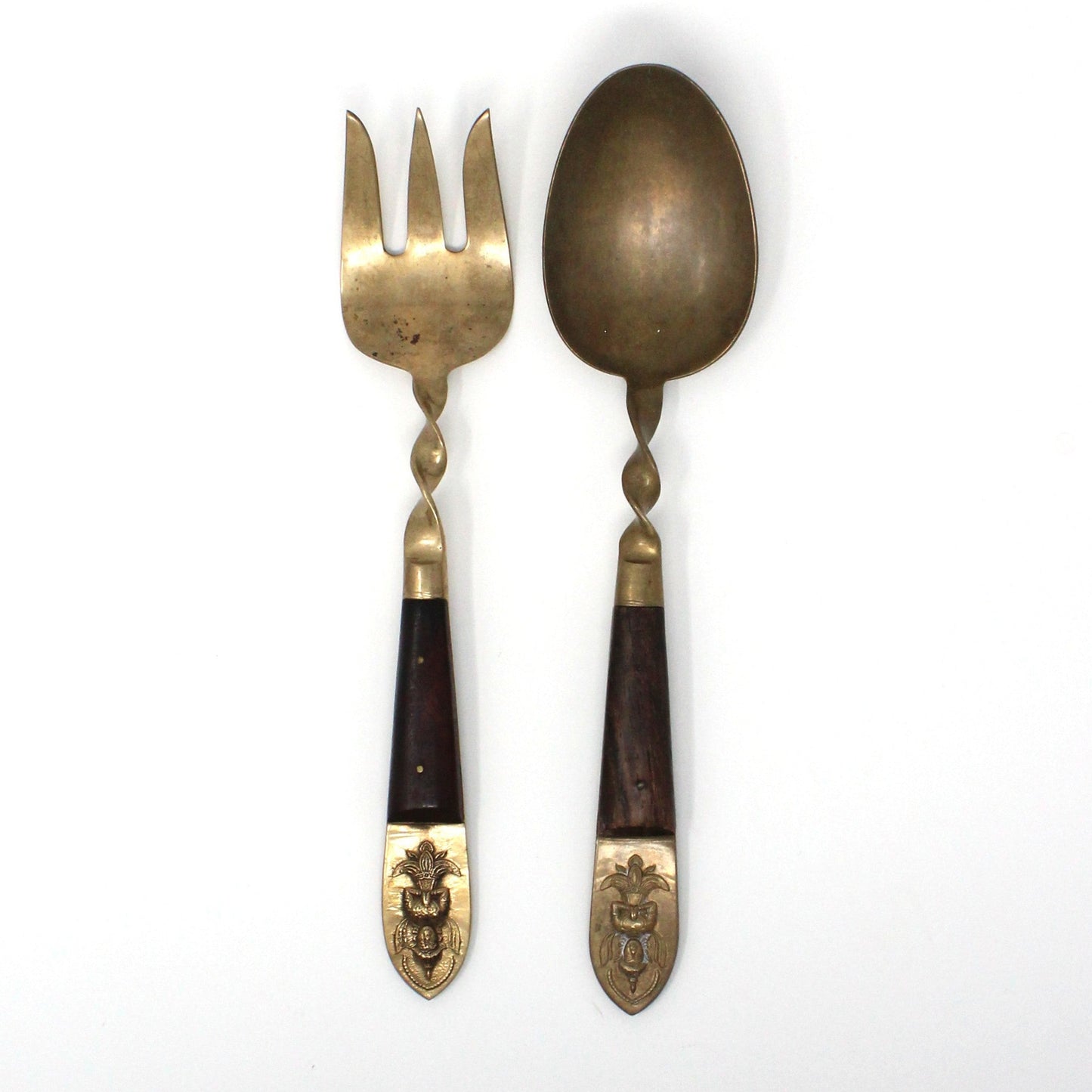 Salad Fork & Spoon Set, SBF, Brass Buddha with Teak Wood Handles, Serving Utensils, Vintage
