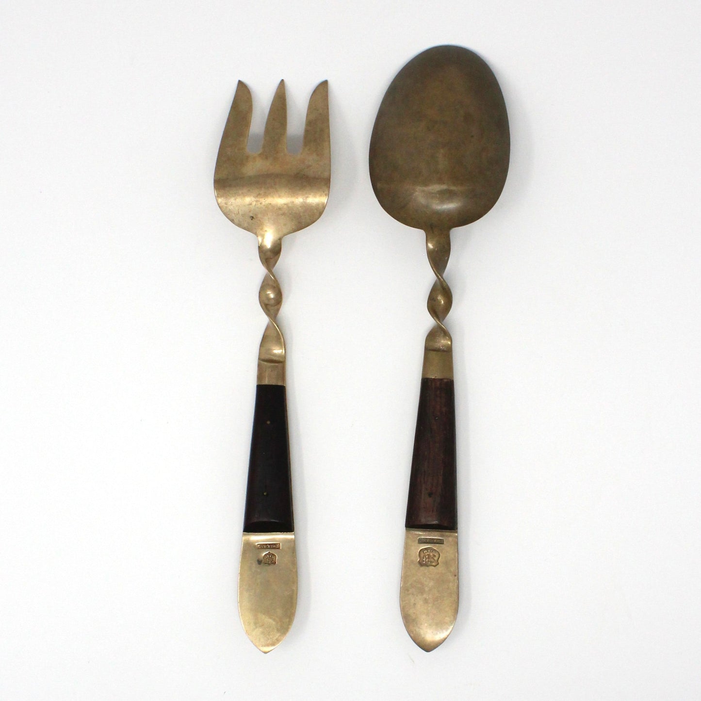 Salad Fork & Spoon Set, SBF, Brass Buddha with Teak Wood Handles, Serving Utensils, Vintage