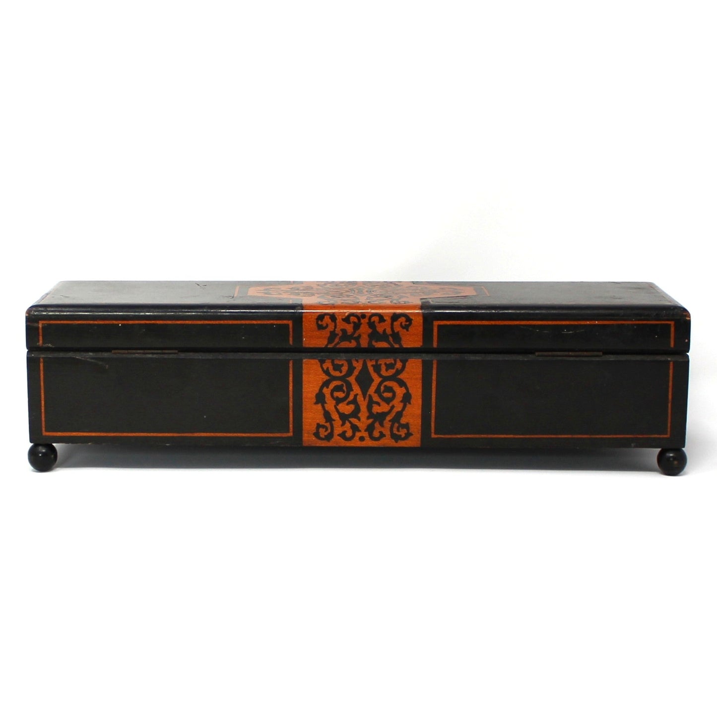 Box, Decorative Box, Inlaid Black Fretwork Wooden Box, Footed, Rectangular Shape, Hinged Storage Box, Vintage Germany