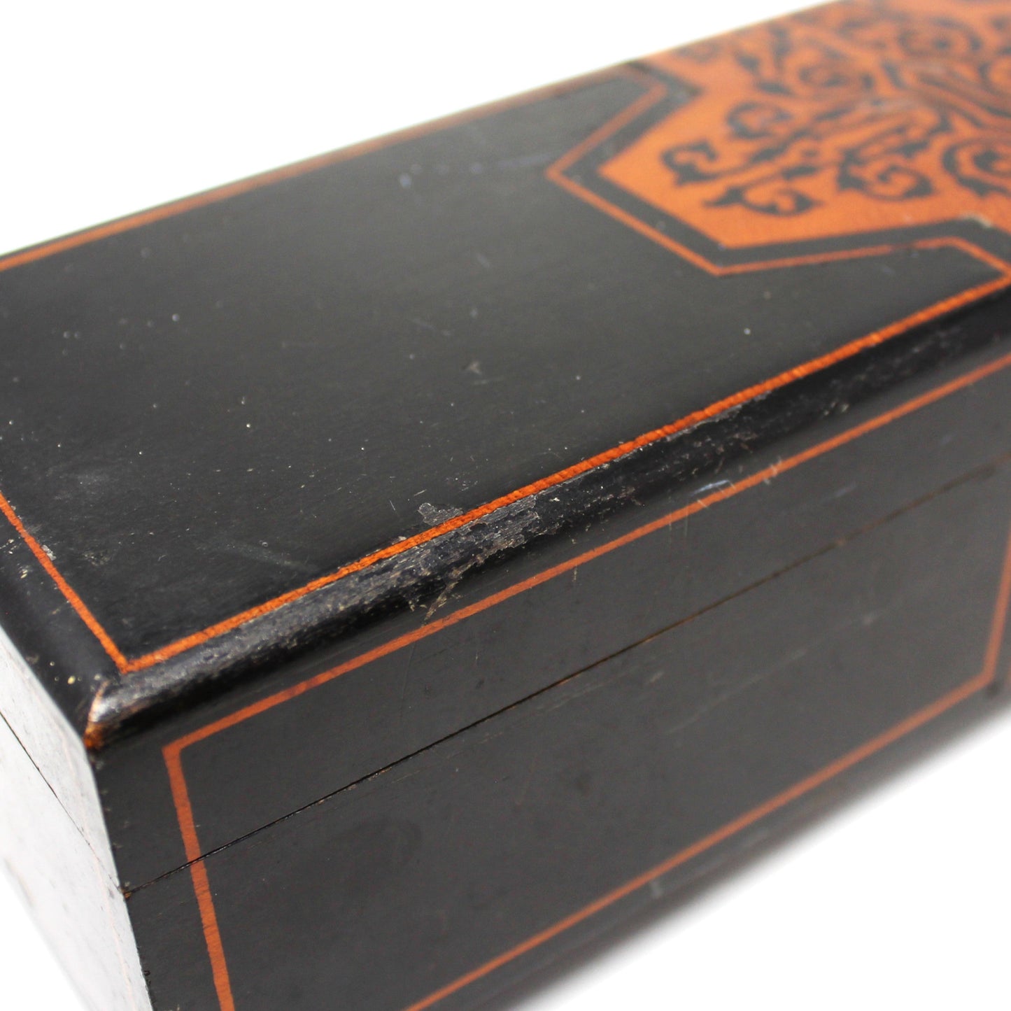 Box, Decorative Box, Inlaid Black Fretwork Wooden Box, Footed, Rectangular Shape, Hinged Storage Box, Vintage Germany