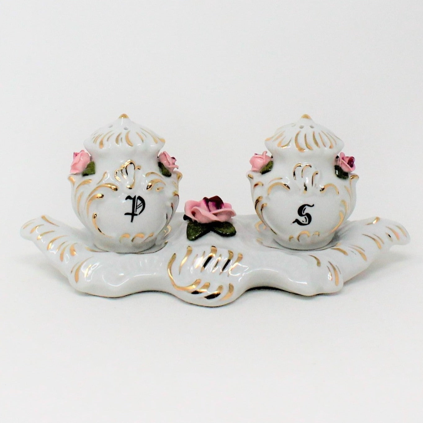 Salt and Pepper Shakers with Tray, Dresden Style, Hand Applied Pink Roses, Vintage