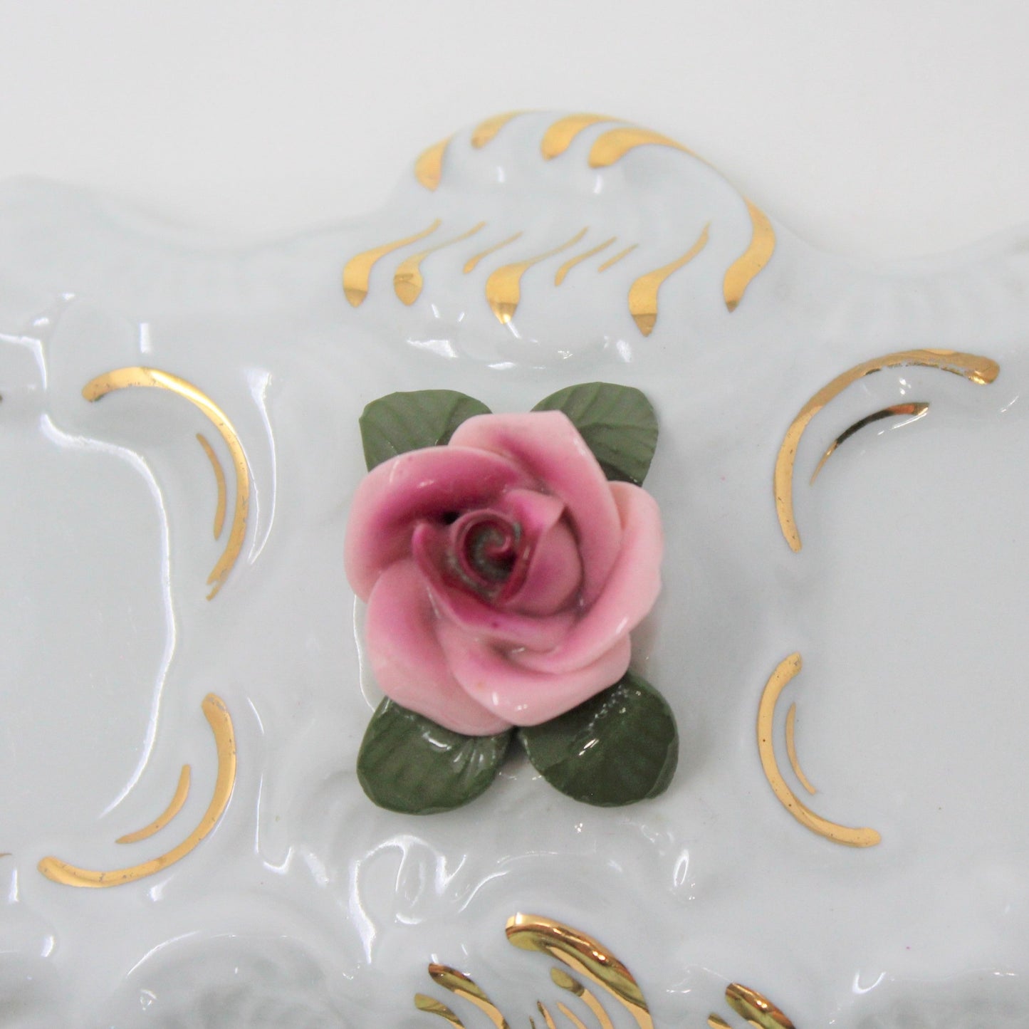 Salt and Pepper Shakers with Tray, Dresden Style, Hand Applied Pink Roses, Vintage